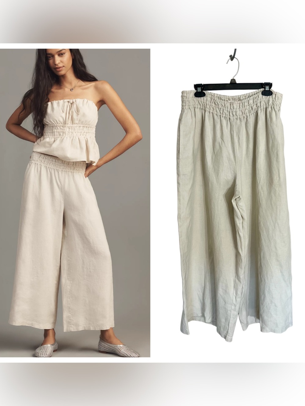 Anthropologie Somerset Linen wide leg pull on pants cropped sand Large coastal